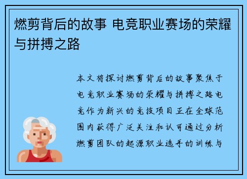 燃剪背后的故事 电竞职业赛场的荣耀与拼搏之路